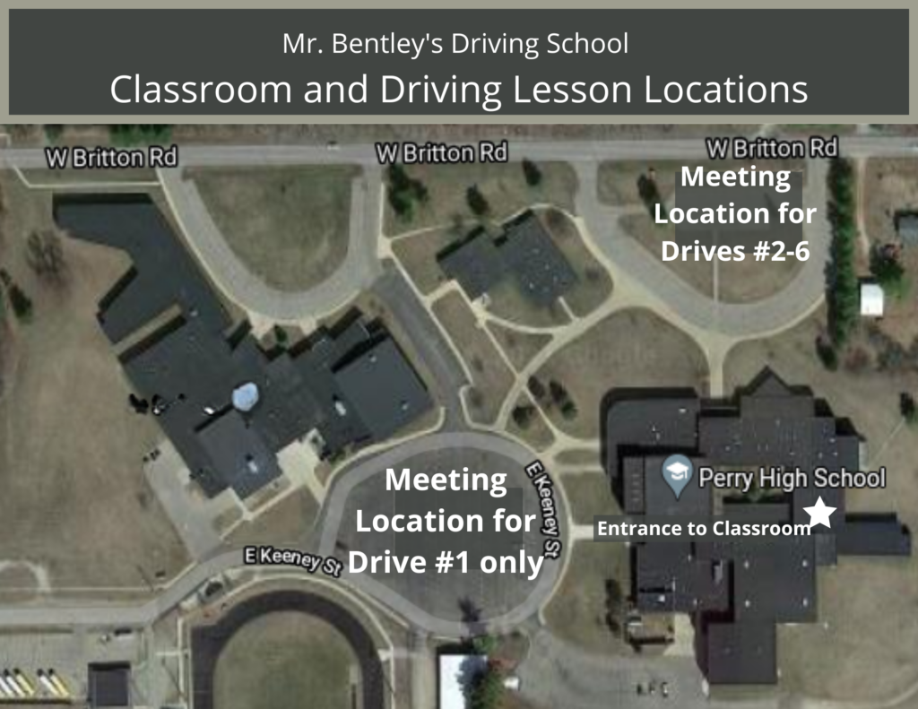 2026 Mr Bentley's Driving School Classroom and Driving Lesson Meeting Location Map